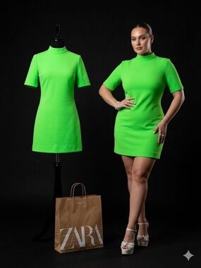 Zara Bright Neon Green Mock Neck Mini Dress